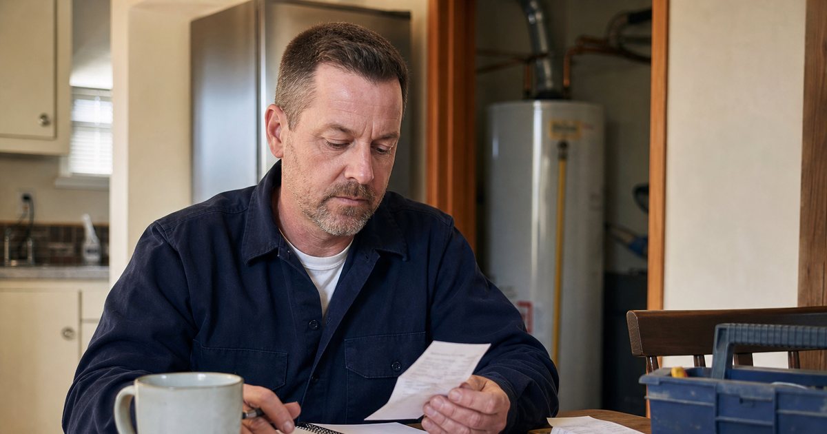 A landlord at a kitchen table reviewing paper receipts and a notebook next to a coffee mug, with a toolbox and a water heater visible in the background of a small rental home