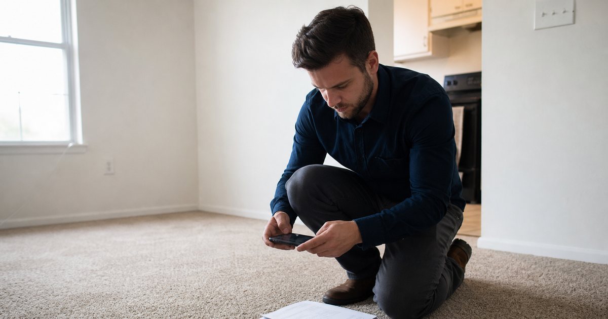 A landlord kneeling on the carpet of an empty apartment photographing a stain with a phone, with a printed checklist and a tape measure on the floor beside them, bright window light