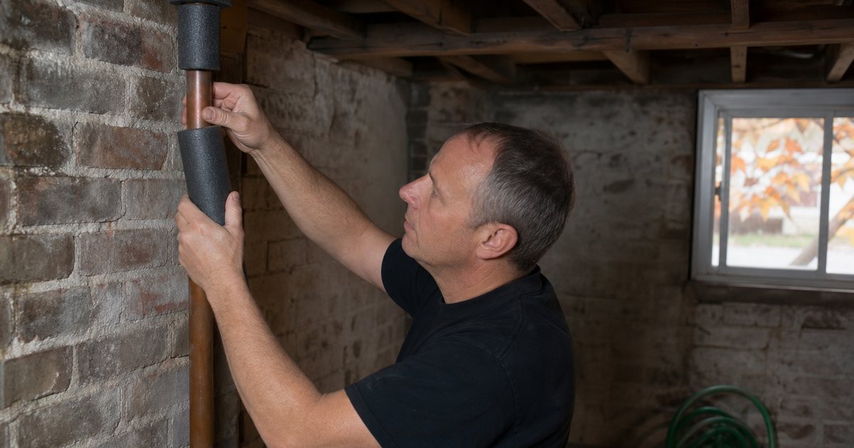 A landlord wrapping foam insulation around an exposed water pipe in an unfinished basement of an older house, with a coiled garden hose nearby and autumn leaves visible through a small window