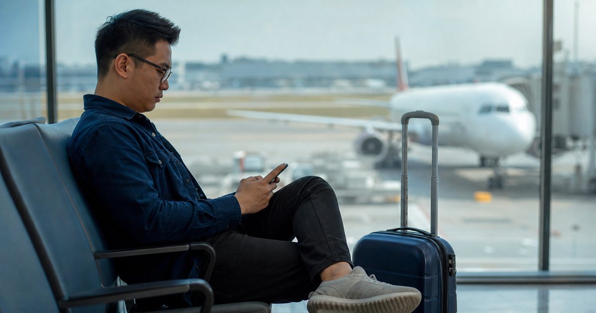 A person sitting at an airport gate with a rolling suitcase, looking at a phone, with airplanes visible through the large window behind them