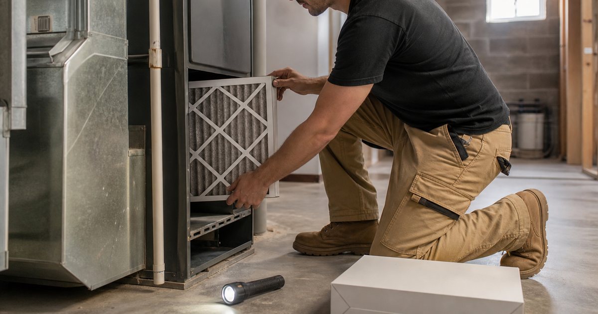 A technician in work clothes replacing a furnace filter in a basement utility room of a rental house, with a flashlight and a new filter box on the floor, natural light from a small window