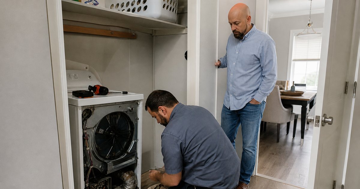 An appliance repair technician crouched beside an open dryer in a rental laundry closet, with the back panel removed and parts laid on a towel, a landlord watching from the doorway