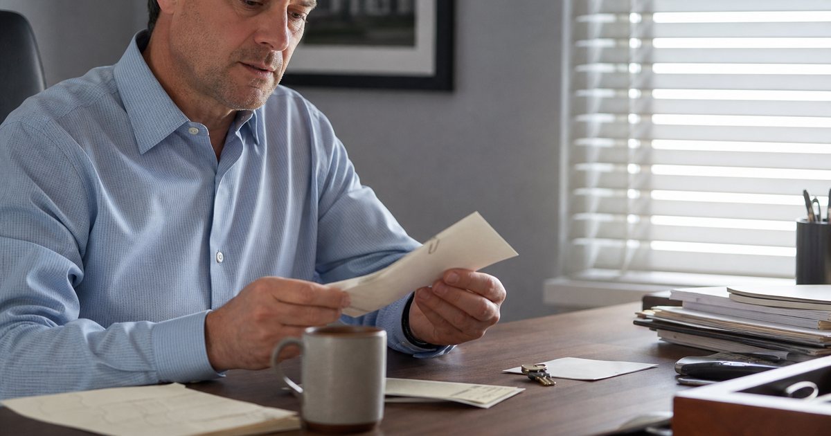A landlord at a desk reading a paper receipt stapled to a rent check, with a house key ring and a cup of coffee nearby, morning light through blinds