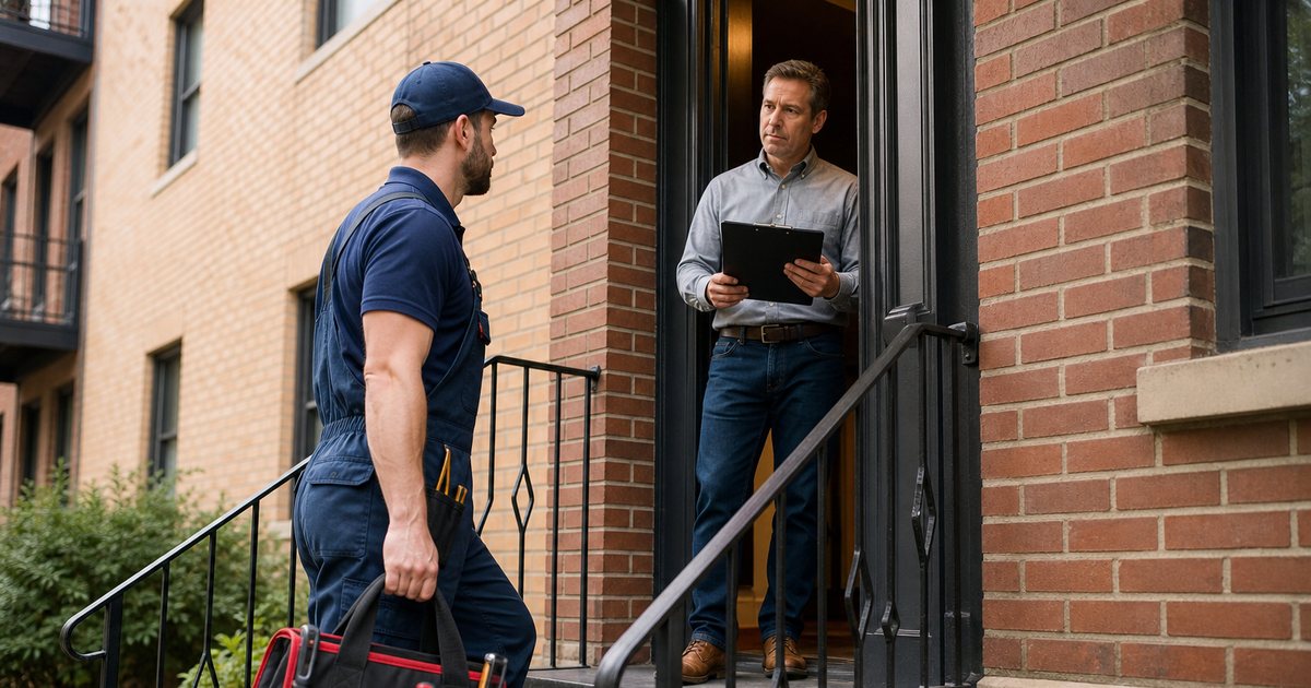 A landlord holding a clipboard standing at the front door of an apartment while a plumber with a tool bag waits on the porch steps, daytime, suburban building