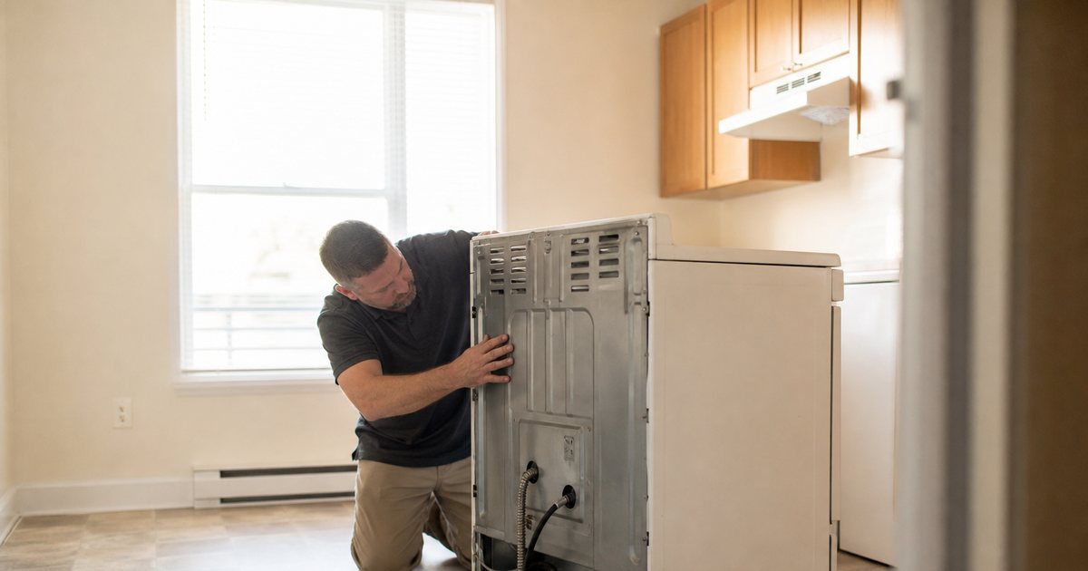 A landlord kneeling behind a pulled out white kitchen range in an empty rental apartment, one hand on the metal back panel, a small open toolbox on the vinyl floor, bright morning daylight from a nearby window, warm neutral tones