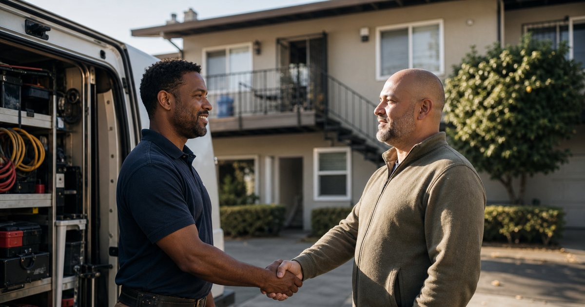 A landlord and an electrician shaking hands in the driveway of a duplex next to a work van with an open side door full of tools, late afternoon sun